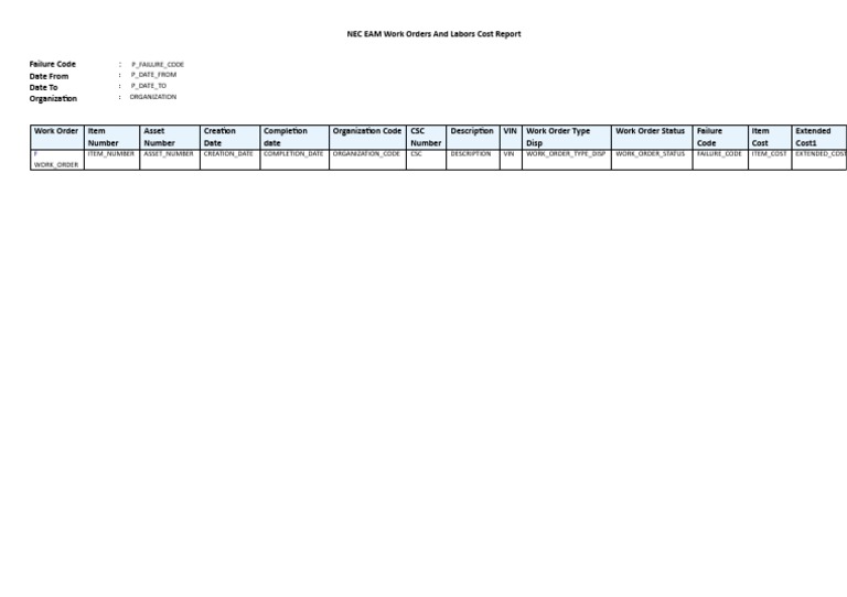 NEC EAM Work Orders Cost Report | PDF