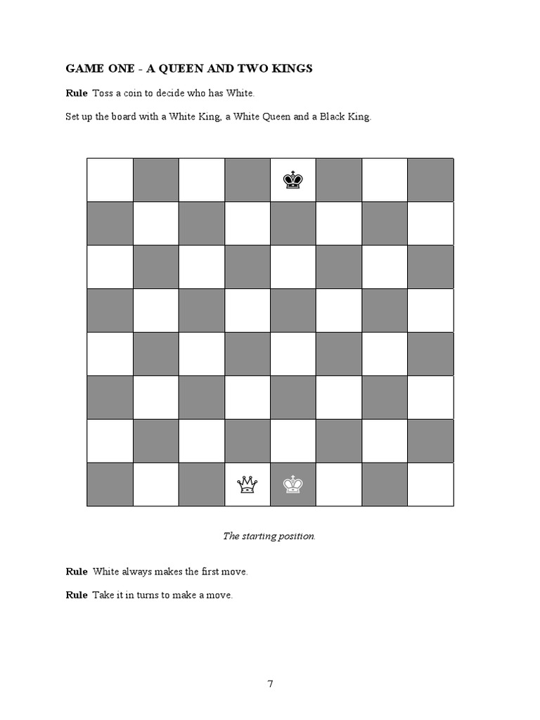 Game One A Queen and Two Kings Set Up The Board With A White King, A White Queen and A Black