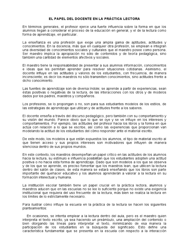 El Rol del Docente en la Lectura | PDF | Comprensión lectora | Maestros