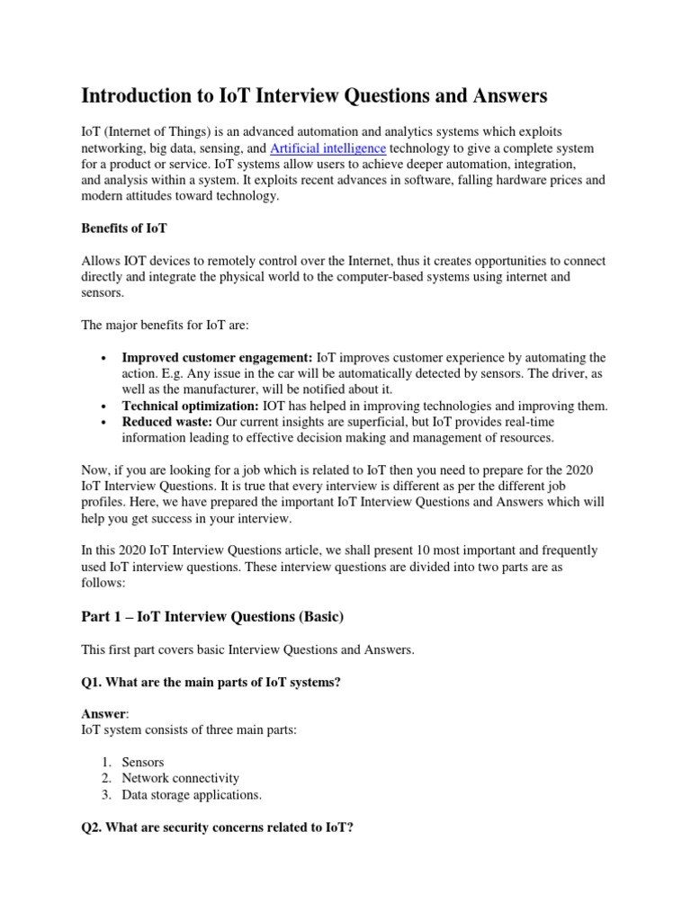 Introduction To Iot Interview Questions and Answers Artificial