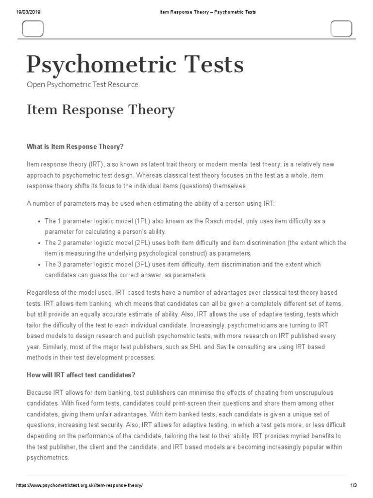 Item Response Theory - Psychometric Tests | PDF | Psychometrics | Ignorance