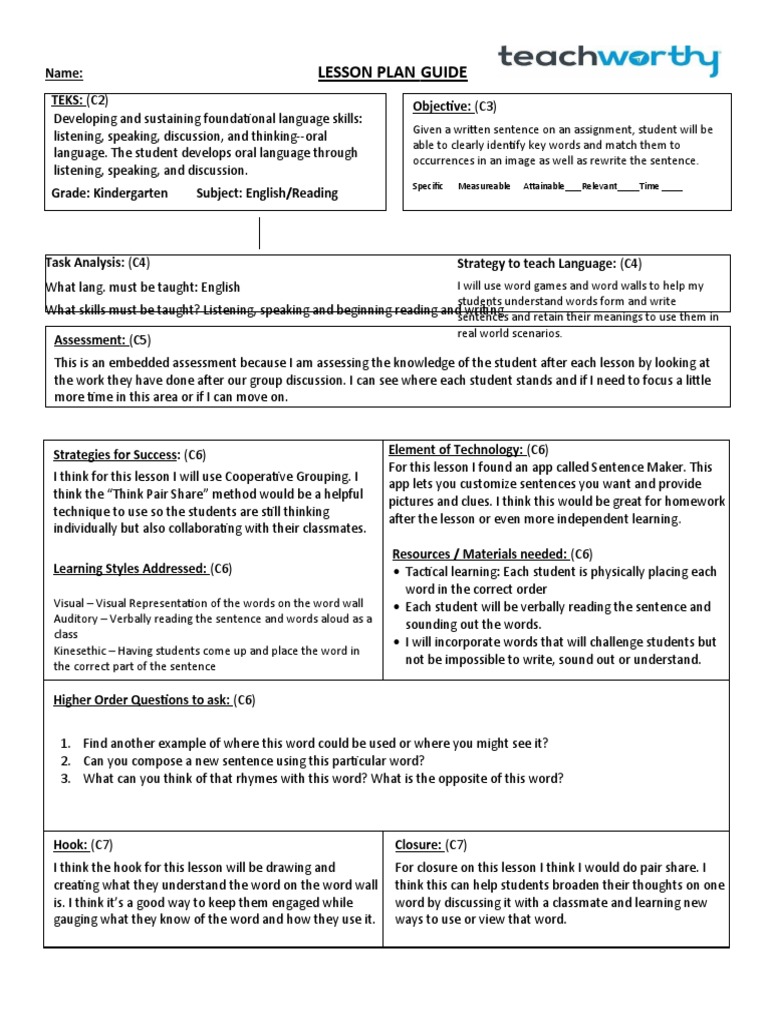Kindergarten Language Skills Plan | PDF | Learning Styles | Lesson Plan