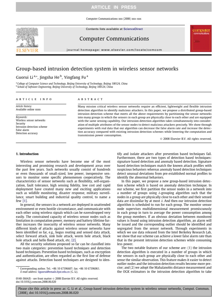 Group Based Ids in Wireless Sensor Networks | PDF | Wireless Sensor ...