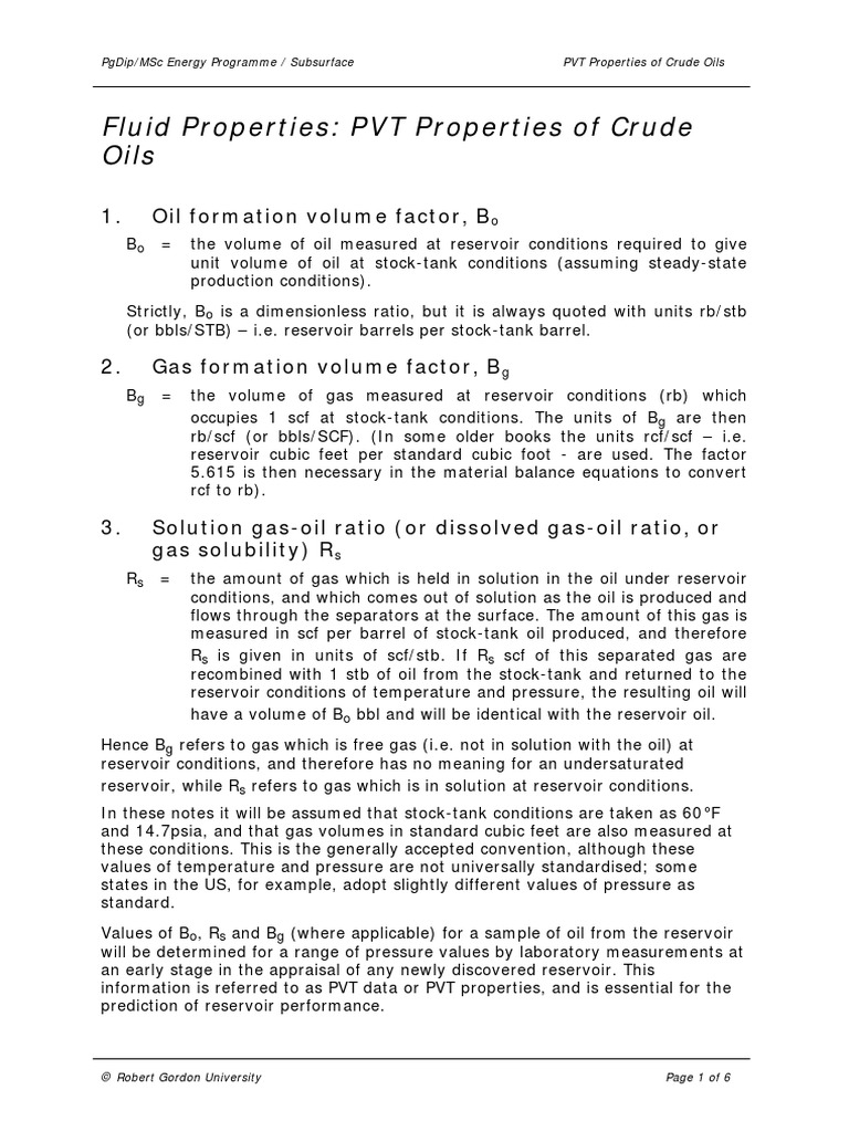 Fluid Properties PVT Properties of Crude Oils 1. Oil Formation Volume