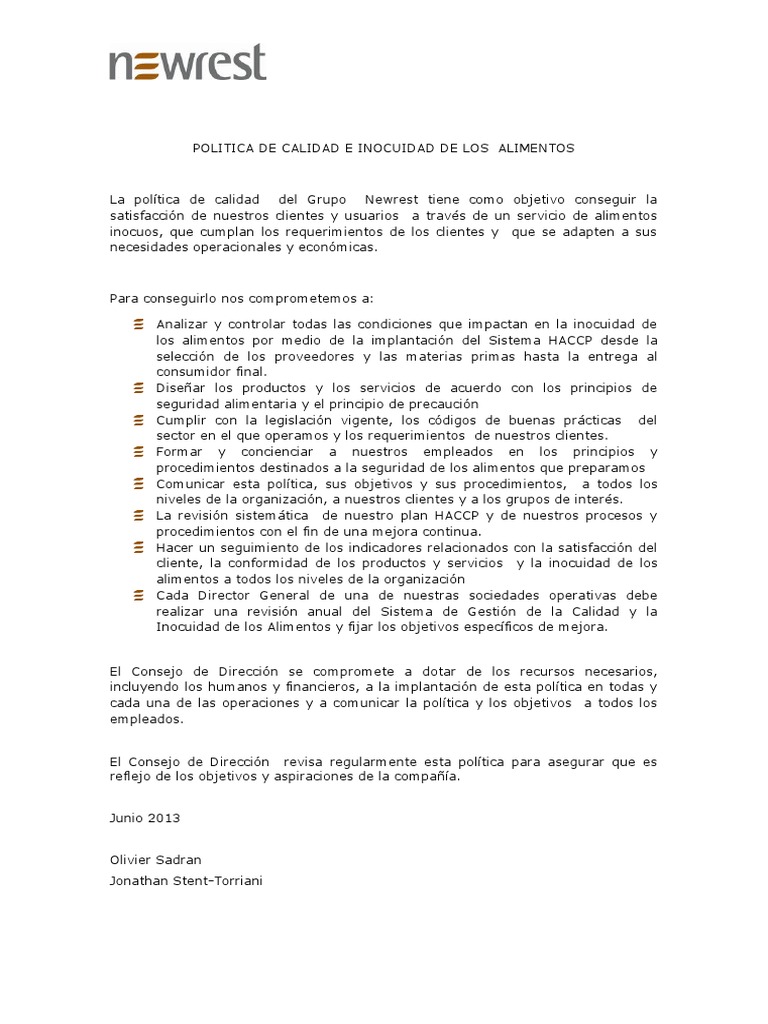 Política de Calidad e Inocuidad Alimentaria | PDF | Salud y bienestar