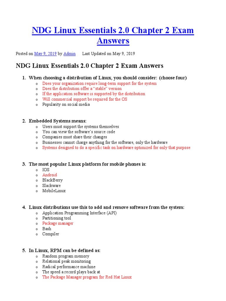 Ndg Linux Essentials 2 0 Chapter 2 Exam Answers Linux Distribution Linux