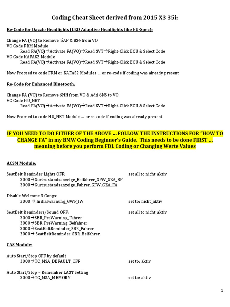 BMW X3 2015 Coding Cheat Sheet | PDF | Computers