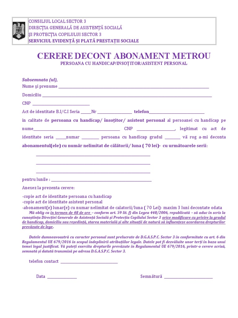 Cerere Decont Abonament Metrou 1 | PDF
