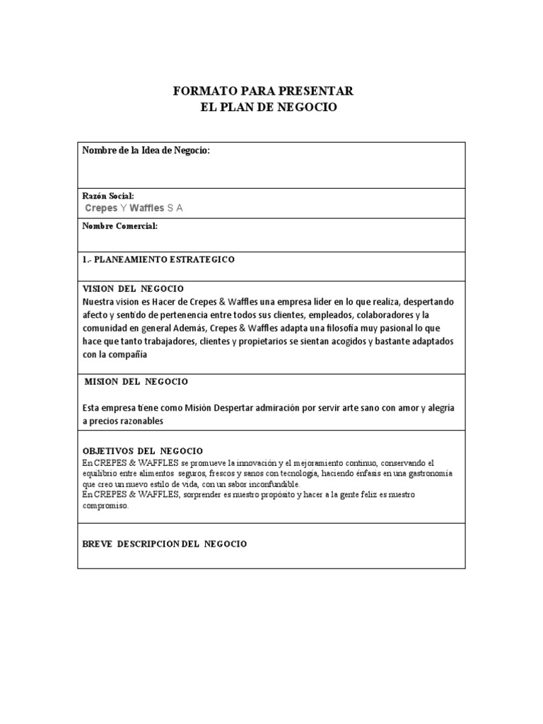 Formato Plan de Negocio Nuevoooo Crepes and Waffles | PDF | Plan de negocios  | Producto (Negocio)
