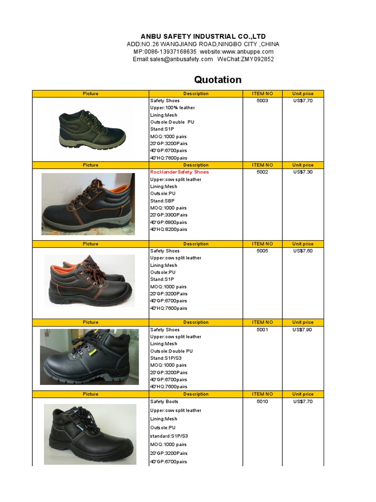 Safety Shoes Quotation PDF Shoe Footwear