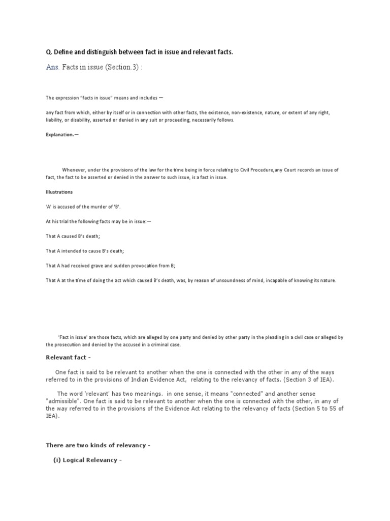 Distinction Between Facts in Issue and Relevant Facts | PDF | Insanity ...