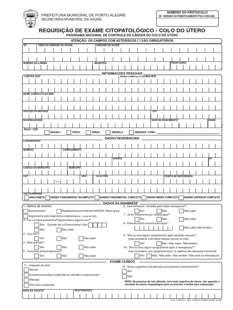 Requisição de Exame Citopatológico - Colo Do Útero PDF | PDF ...