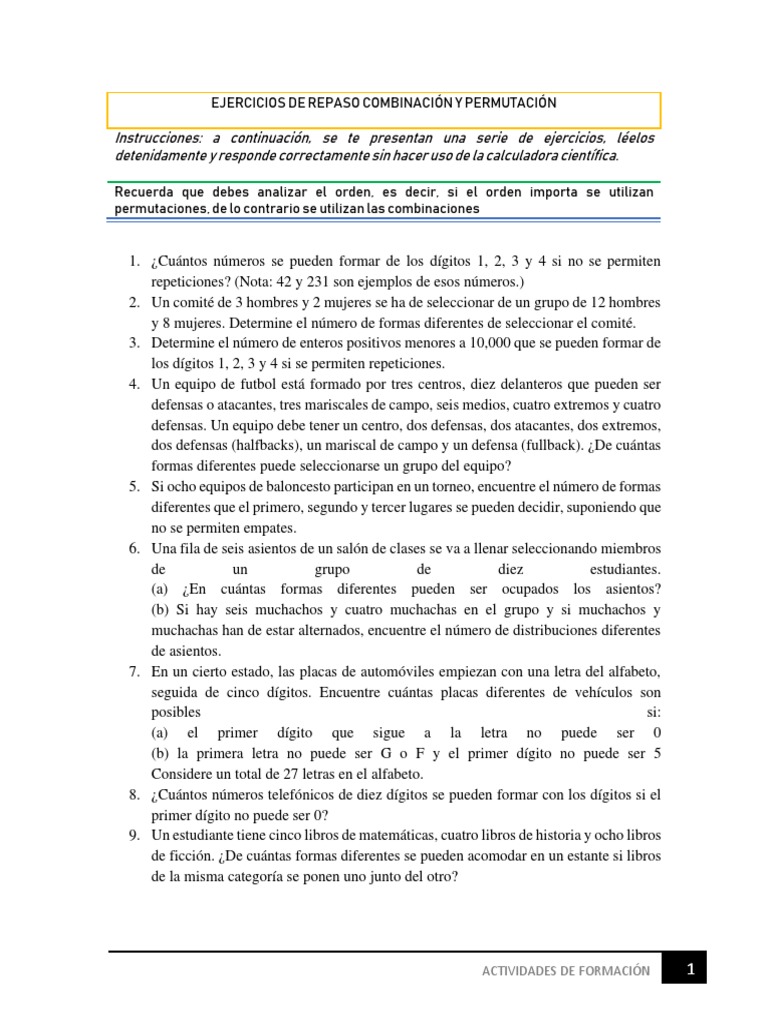 Ejercicios de Combinaciones y Permutaciones | PDF | Permutación | Deportes