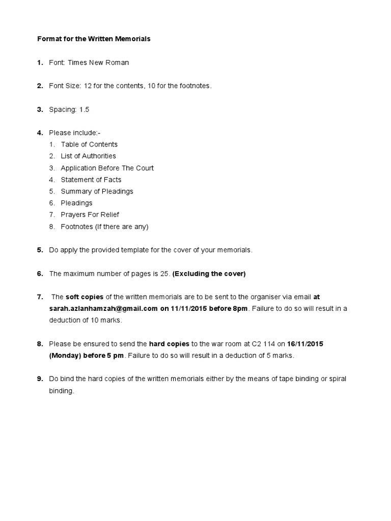 Format For The Written Memorials