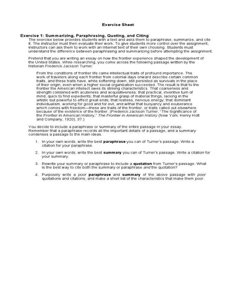 Exercise Sheet Exercise 1: Summarizing, Paraphrasing, Quoting, and ...