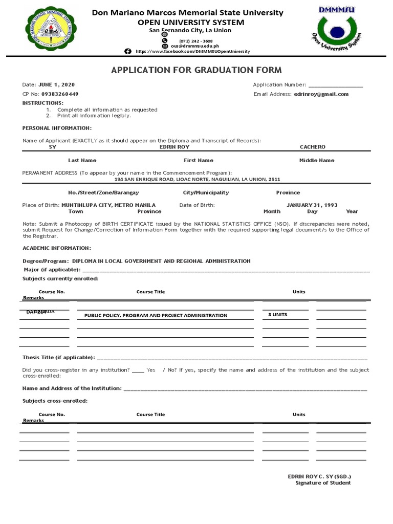Application For Graduation Form: San Fernando City, La Union | PDF ...