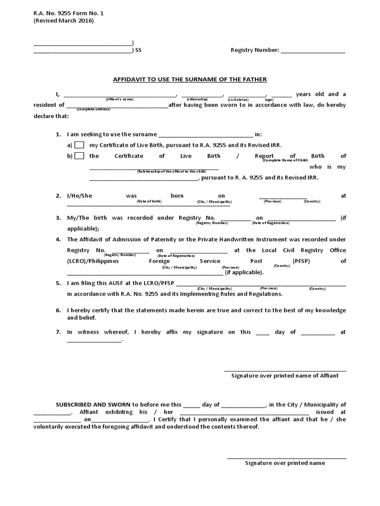 Affidavit to Use Father's Surname | PDF | Affidavit | Document