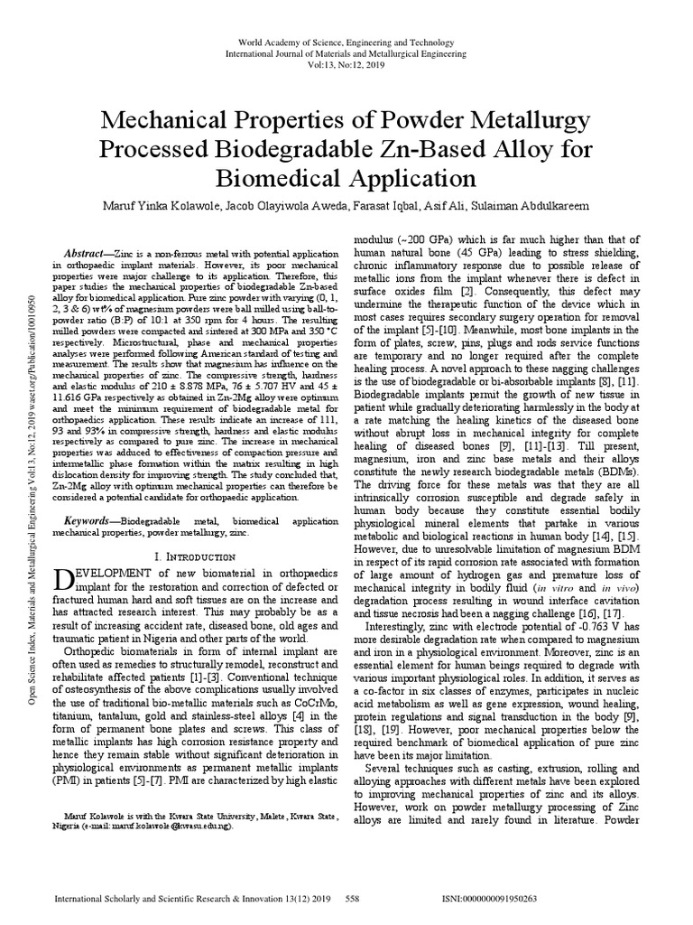 Mechanical Properties of Powder Metallurgy Processed Biodegradable ZN ...