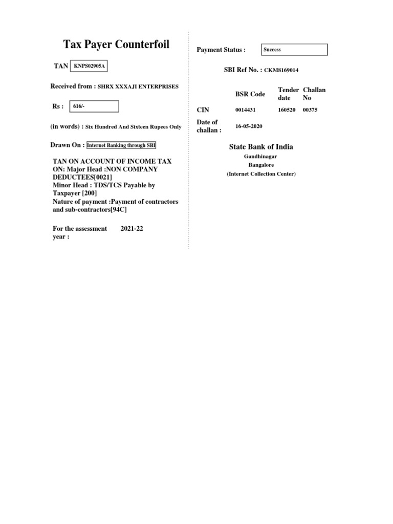 TDS Payment Receipt for Contractors | PDF