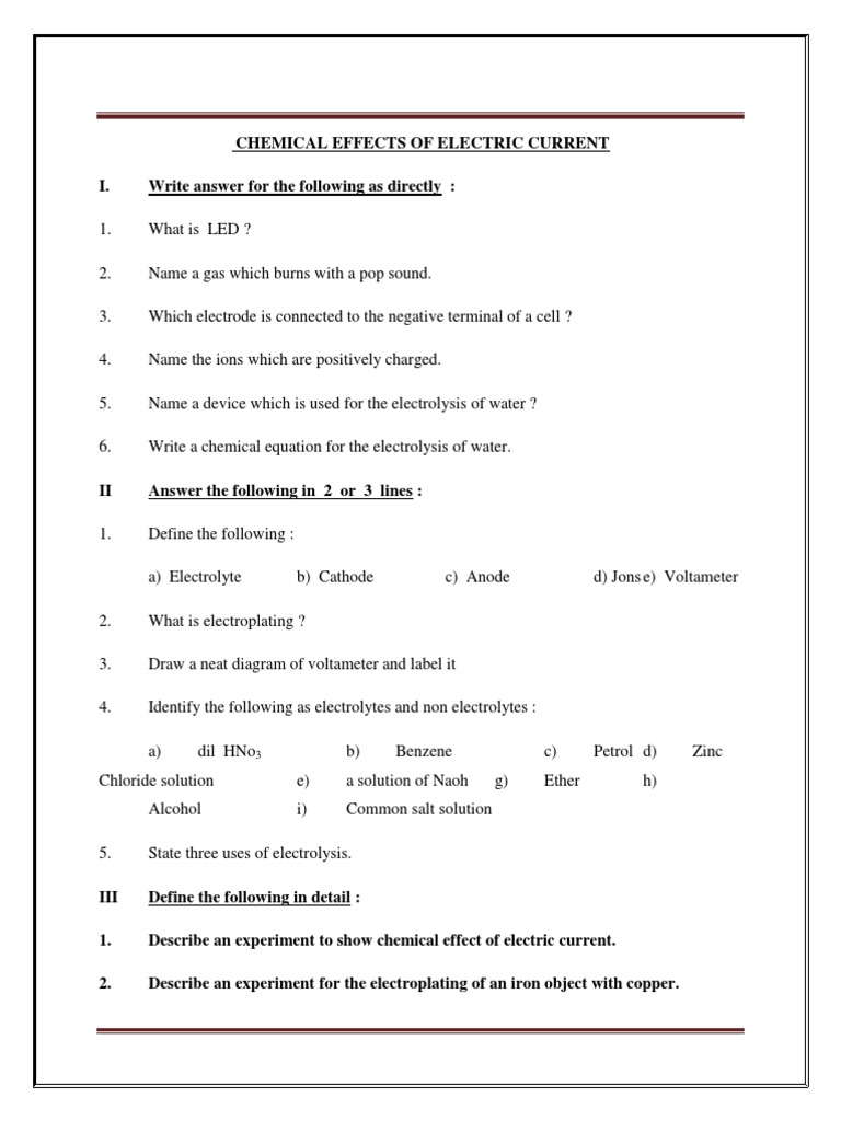 Class 8 Science Worksheet - Chemical Effect of Electric Current Part B ...