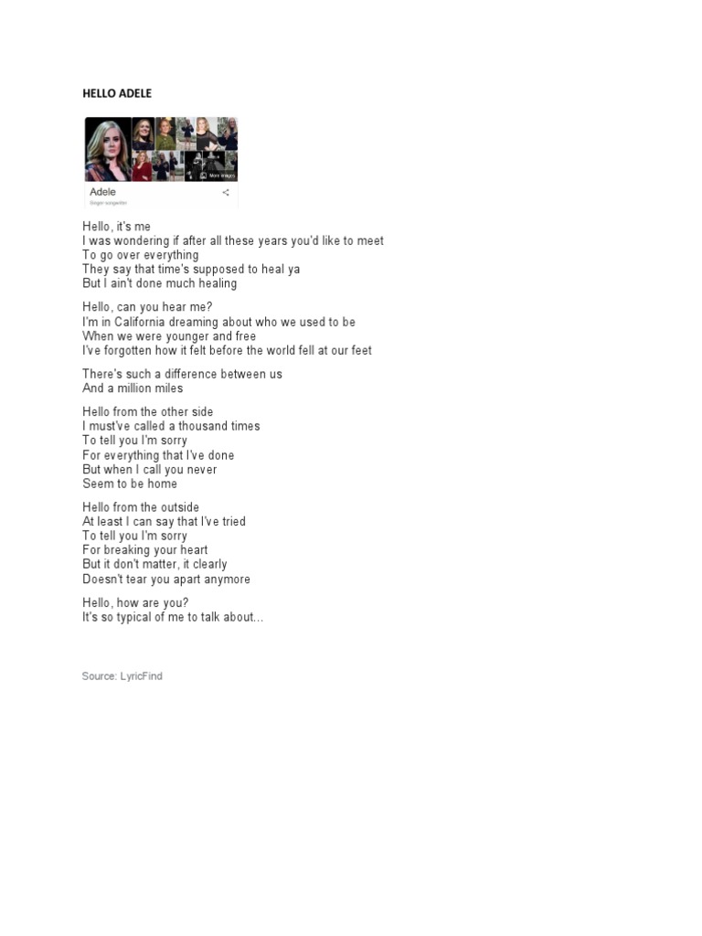 Hello Adele: Source: Lyricfind | PDF