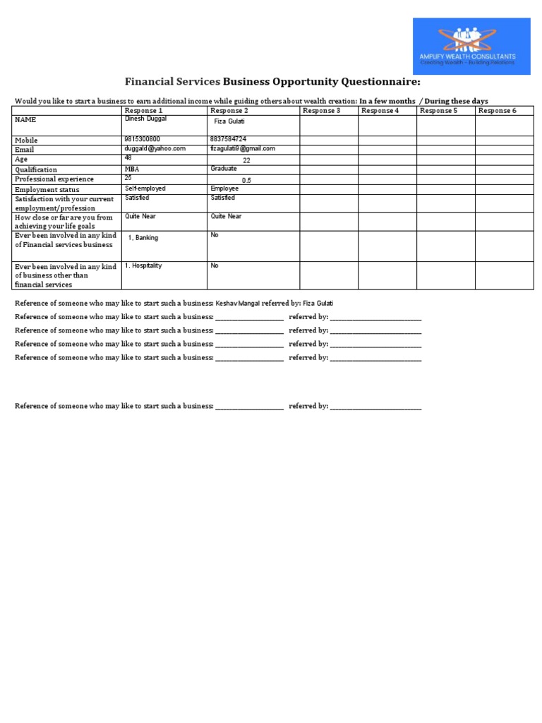 Financial Services Business Opportunity Questionnaire PDF
