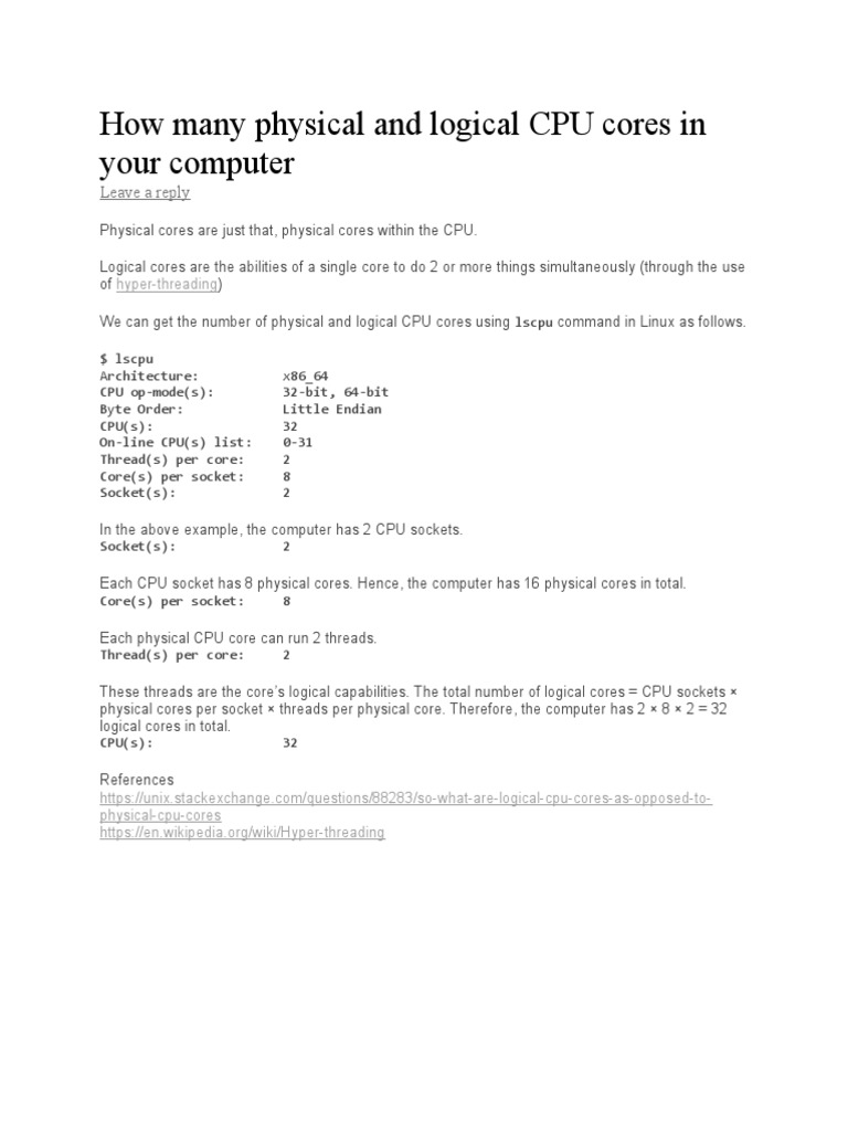 Physical vs Logical CPU Cores in Linux | PDF