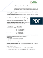 Quadratic Equations - Summary Notes: Ax BXC