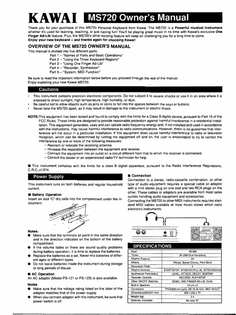 Kawai MS720 Personal Keyboard Manual PDF
