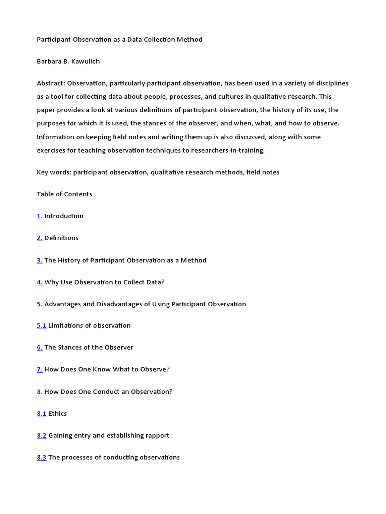 Participant Observation As A Data Collection Method PDF Qualitative
