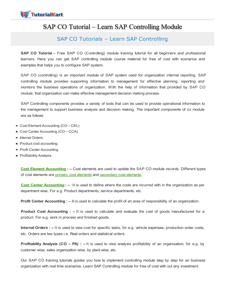 SAP CO Tutorial - Learn SAP Controlling Module | PDF | Cost | Cost ...