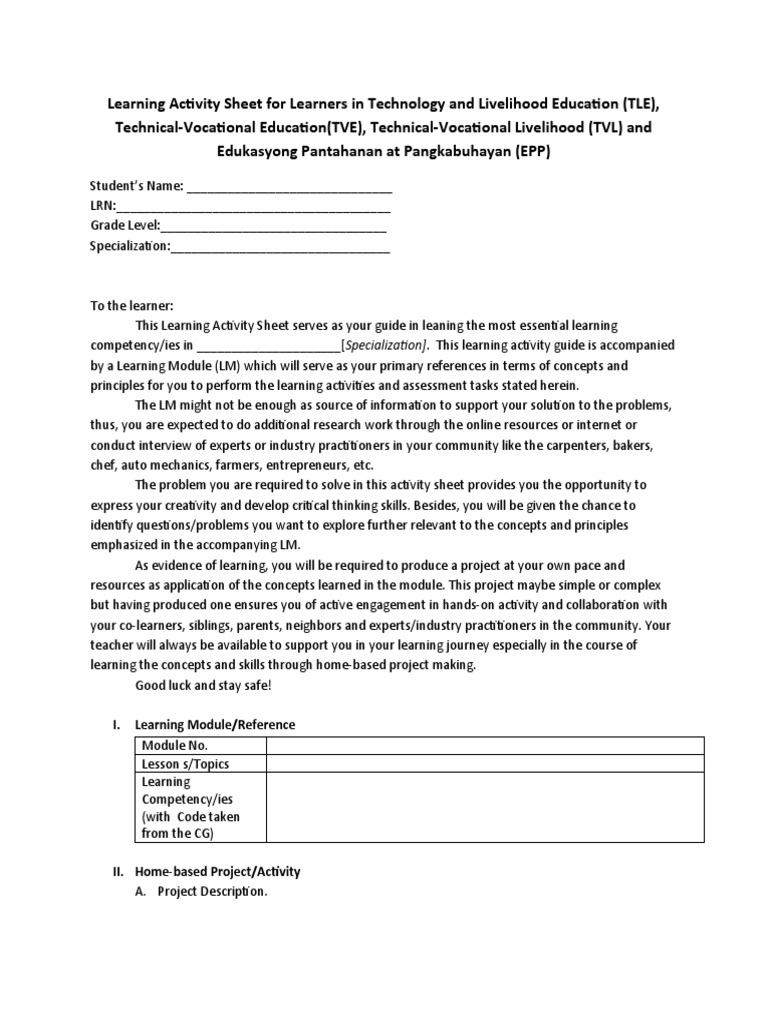 TLE Learning Activity Sheet for Grade 7 | PDF | Critical Thinking | Expert