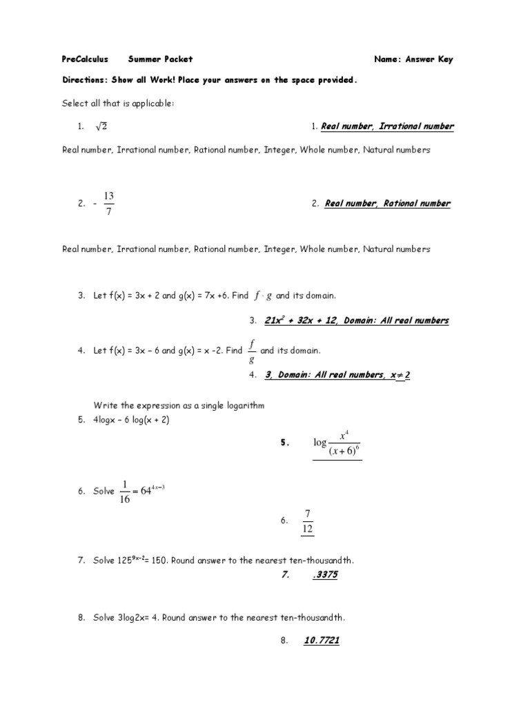 precalculus summer assignment answers