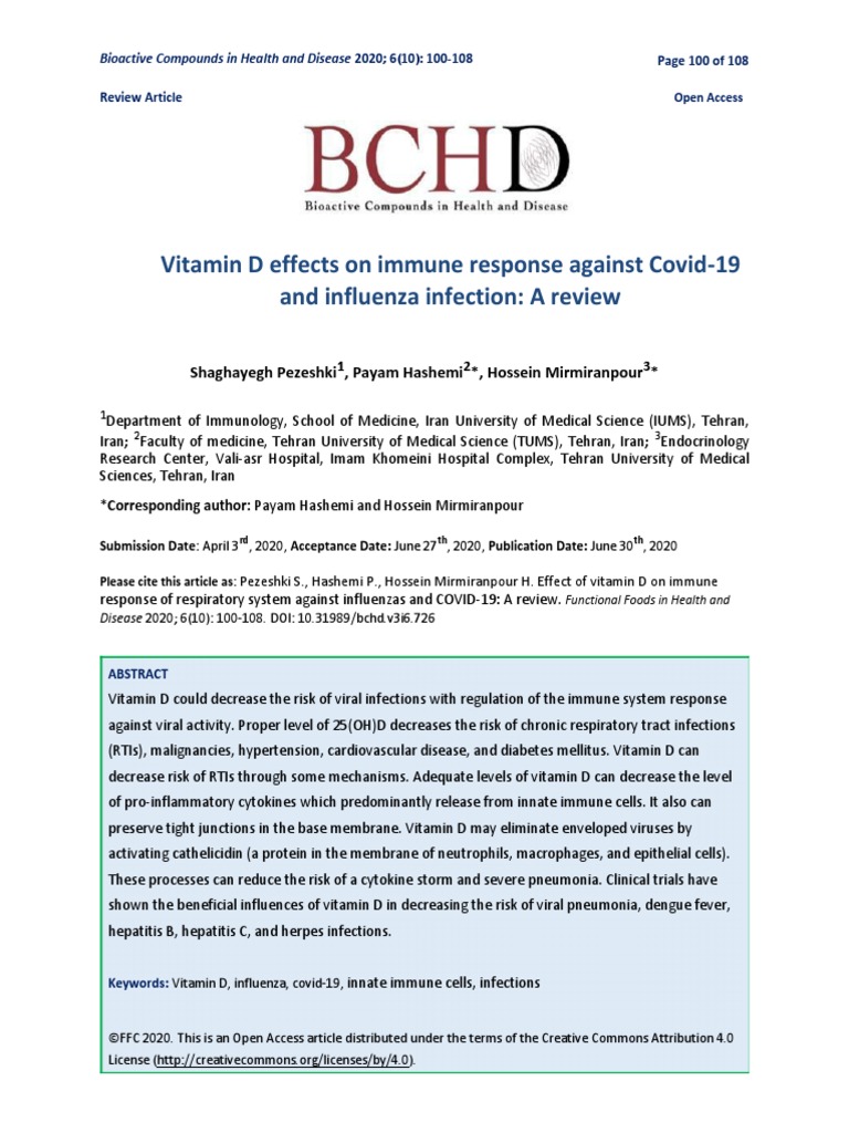 Vitamin D Effects On Immune Response Against Covid 19 PDF Immune