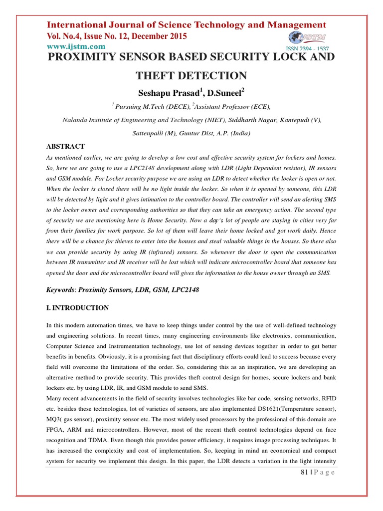LowCost Proximity Sensor Based Security System for Homes and Lockers