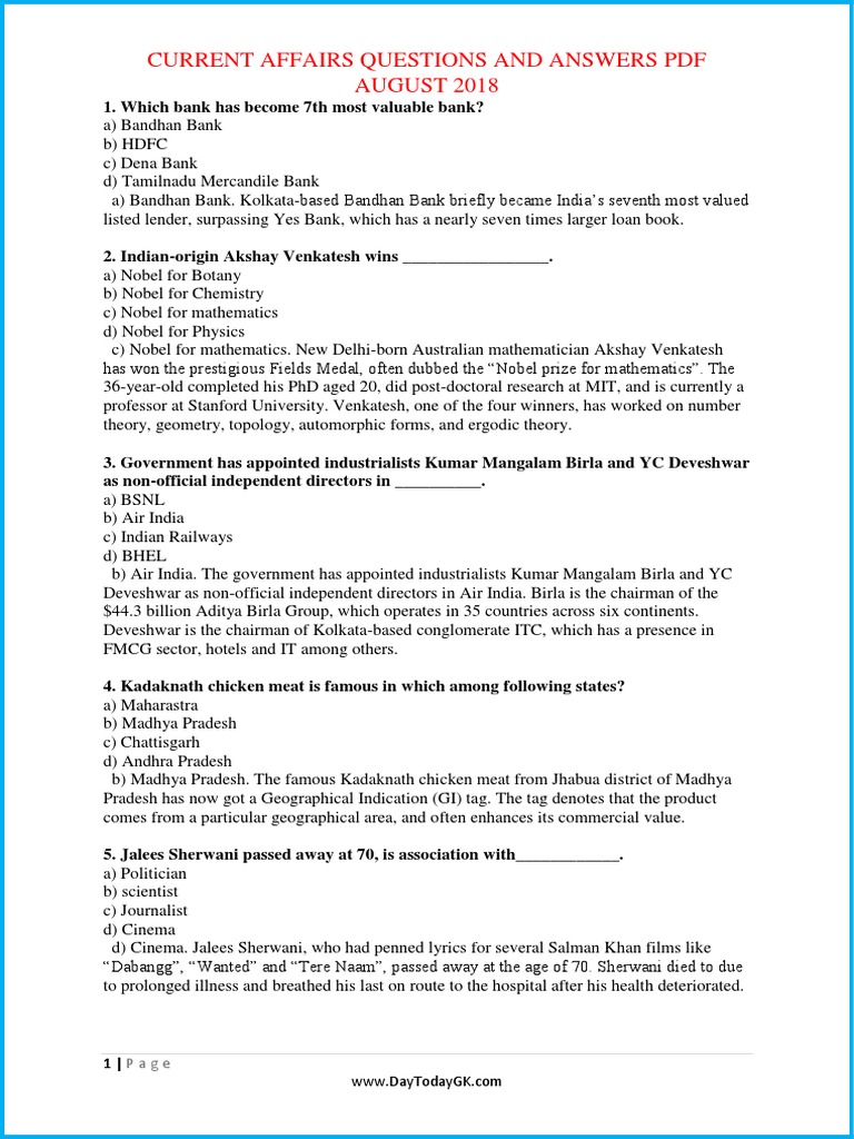 Current Affairs Questions and Answers PDF August 2018 PDF | PDF | Roger ...
