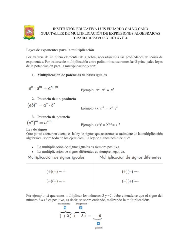Multiplicación de Expresiones Algebraicas PDF | PDF | Multiplicación ...