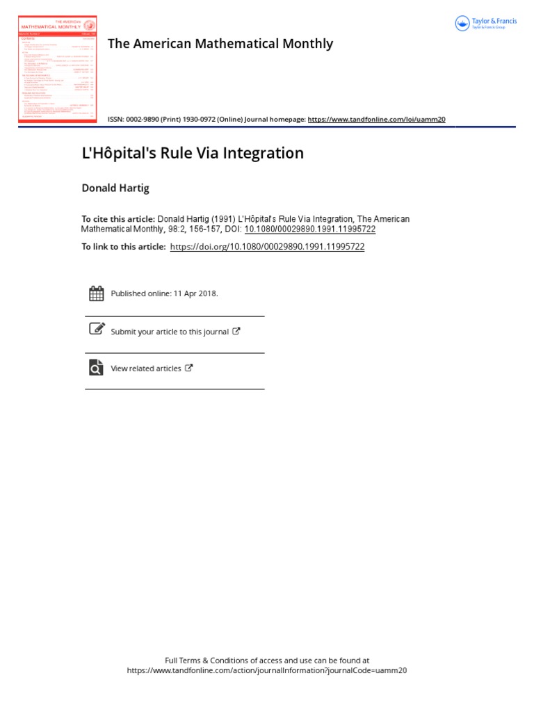Proof of L'Hôpital's Rule via Integration | PDF | Integral | Calculus