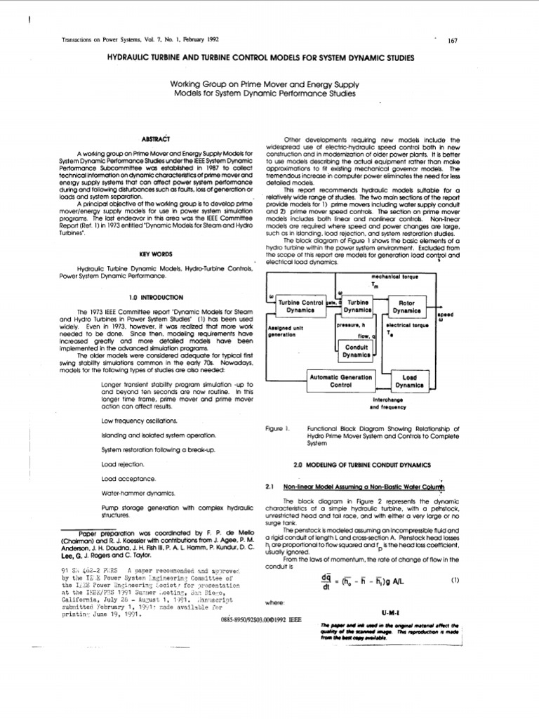 Hydraulic Turbine and Turbine Control Models For System Pynamic Studies