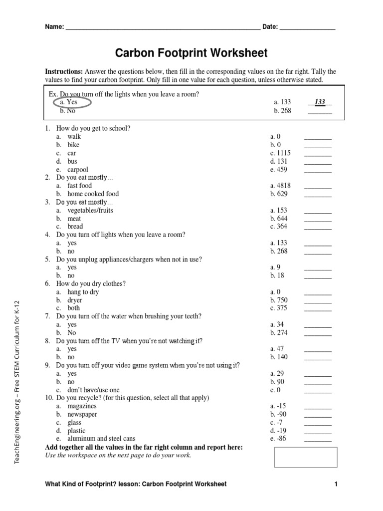 Carbon Footprint Worksheet PDF Carbon Footprint Nature