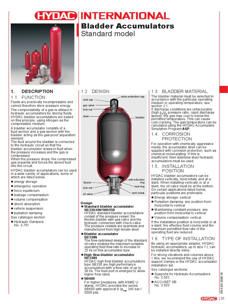 Bladder Accumulators Standard Model: 1. Description | PDF | Valve | Gases