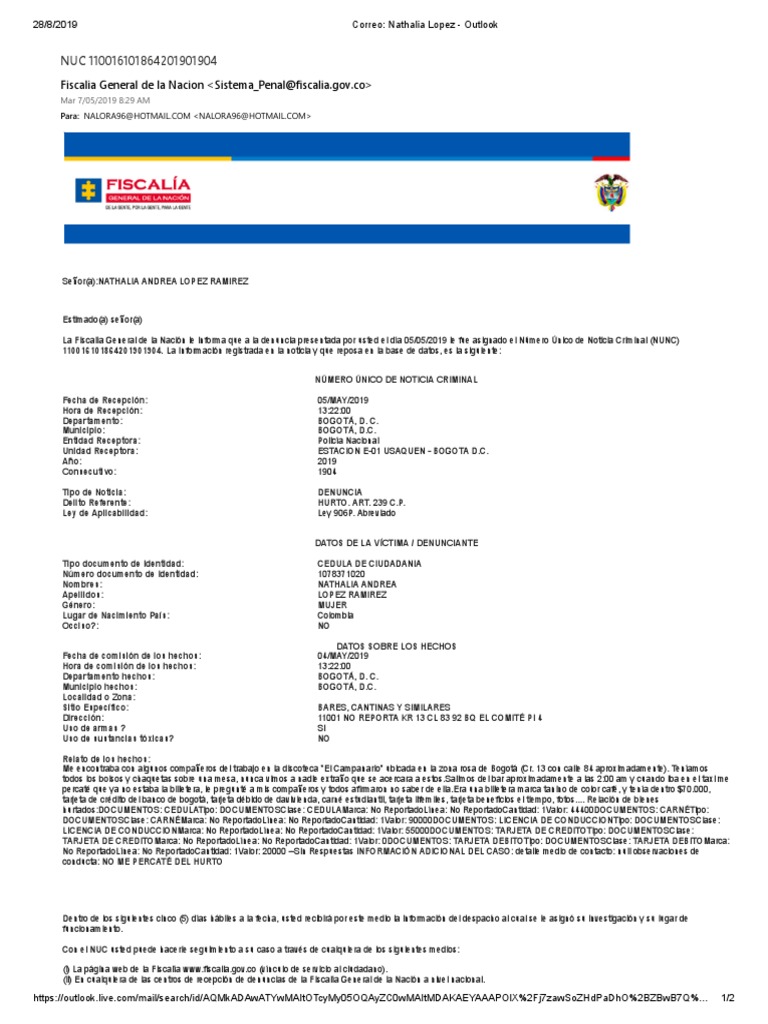 Correo Nathalia Lopez Outlook PDF Policía Business