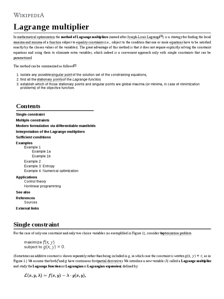 Lagrange Multiplier: F (X, Y) G (X, Y) 0 | PDF | Mathematical ...