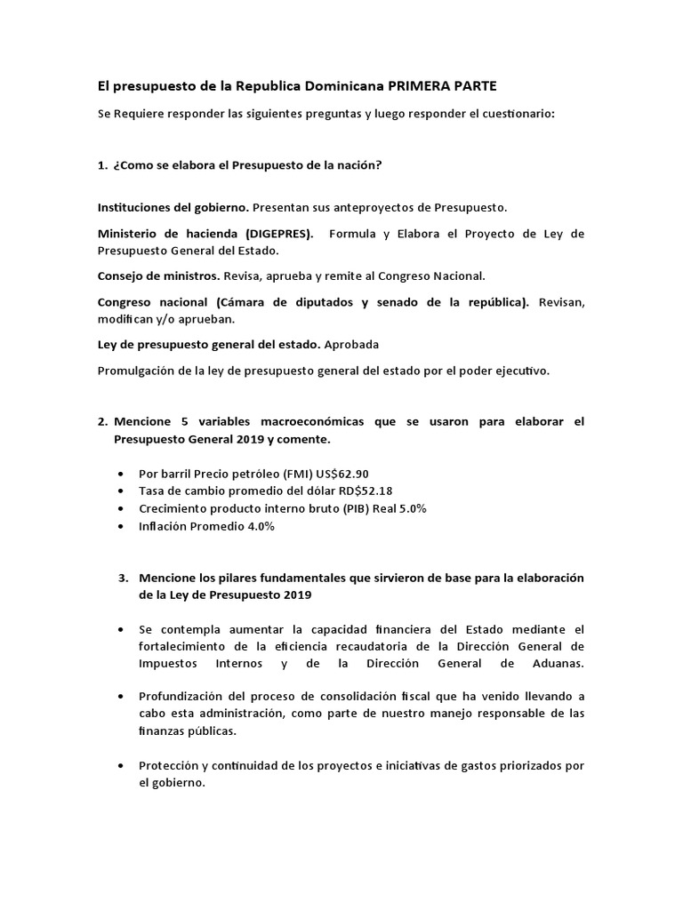 El Presupuesto de La Republica Dominicana PRIMERA PARTE PDF