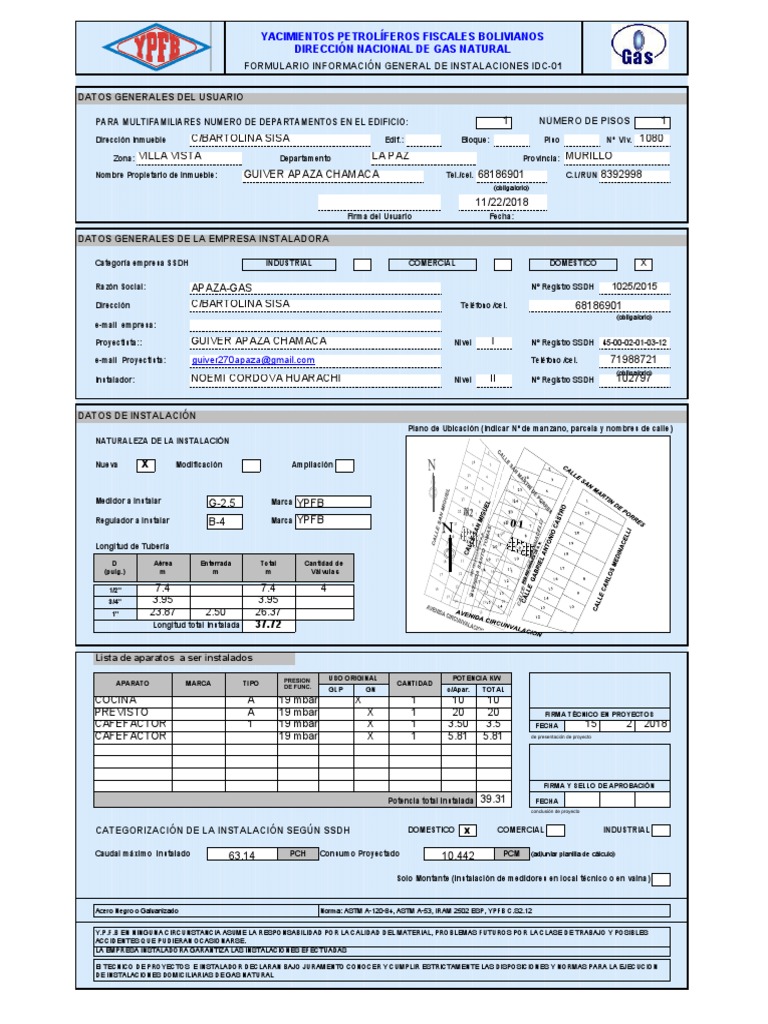 Formulario Instalación Gas Natural IDC-01 | PDF | Gas natural | Energía ...