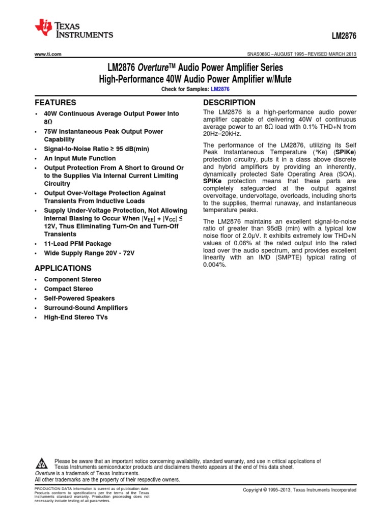 LM2876 Overture™ Audio Power Amplifier Series HighPerformance 40W