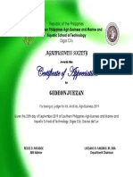 SPAMAT Digos Certificate for Gideon Juezan judging 2019 Agri-Business pageant