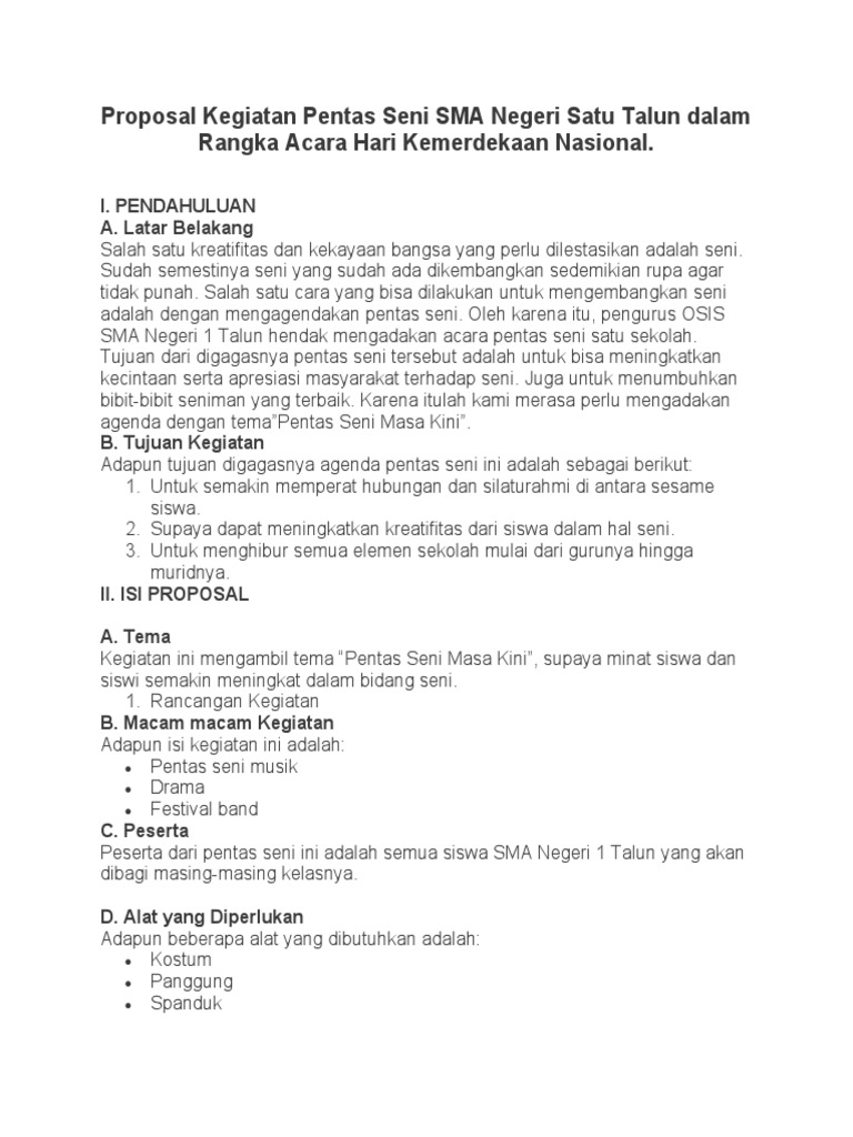 Proposal Kegiatan Pentas Seni Sma Negeri Satu Talun Dalam Rangka Acara Hari Kemerdekaan Nasional