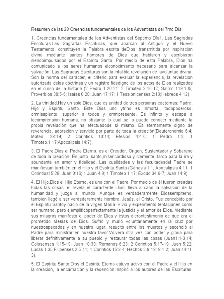 Resumen de Las 28 Creencias Fundamentales de Los Adventistas Del 7mo ...