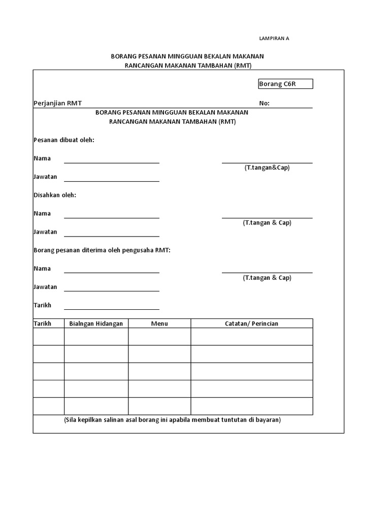 Borang Pesanan Rmt Mingguan Pdf
